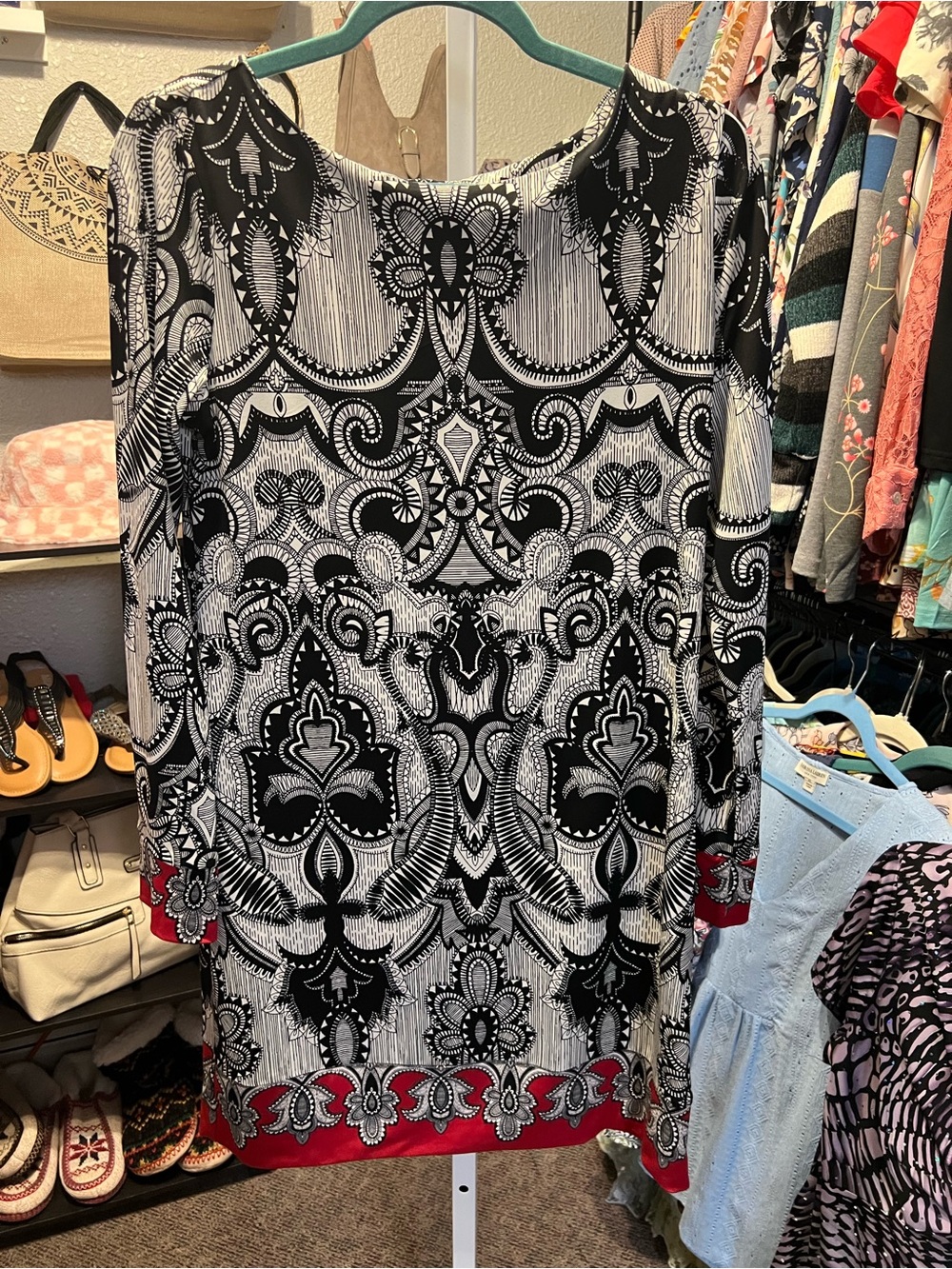 Nicole Black and White Medallion Print Shift Dress with Red Accent